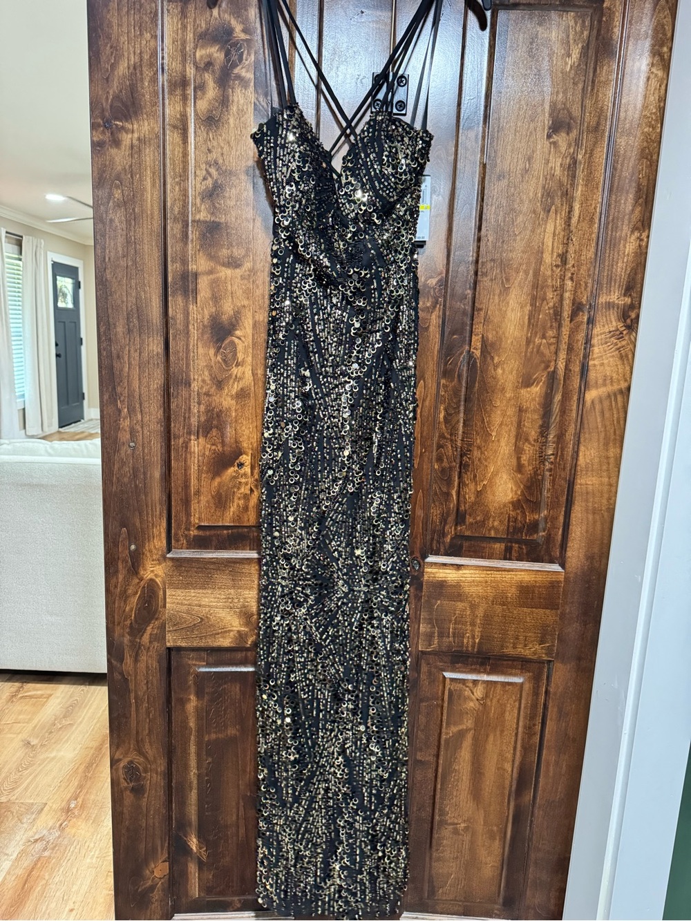 Black & Gold Sequin Strappy Evening Dress